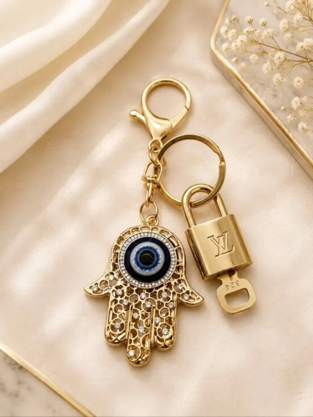 Louis Vuitton Gold Lock 🔒 Authentic LV Key + Unbranded Evil Eye Bag Charm